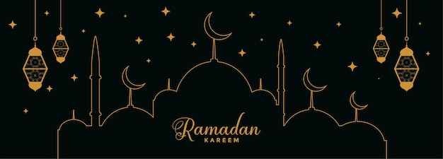 Gratis vector platte zwarte en gouden ramadan kareem decoratie banner