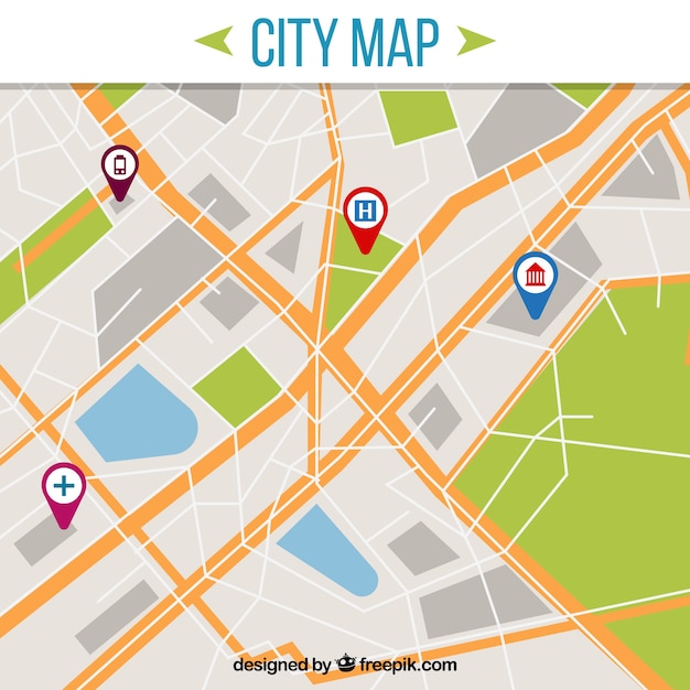 Gratis vector plattegrond van de stad met pointers