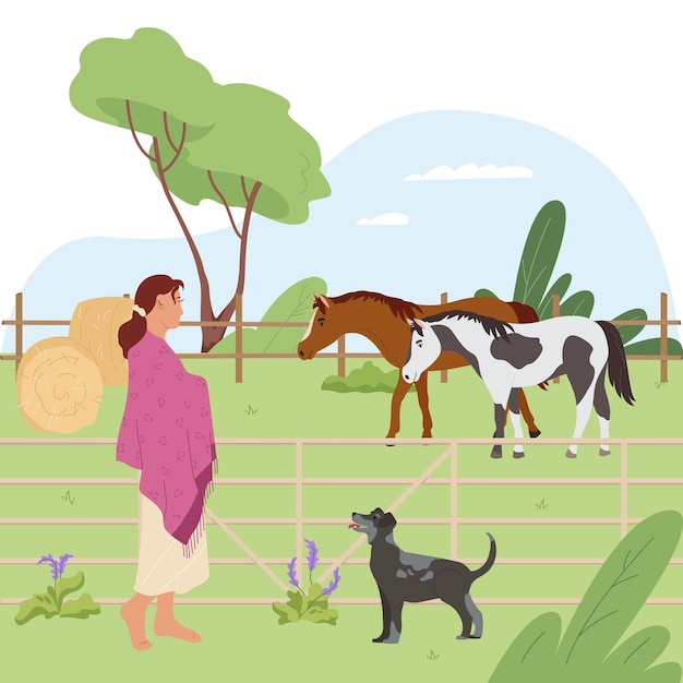 Gratis vector platteland en dorpsachtergrond met boerderij en vee symbolen platte vectorillustratie