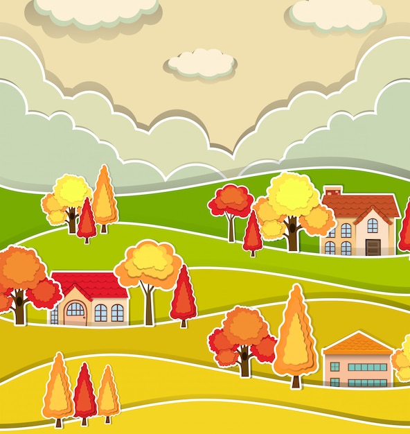 Plattelandsscène met huizen en boom in de herfst