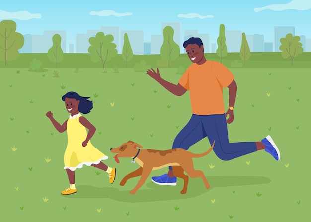 Plezier hebben met hond in park egale kleur vectorillustratie