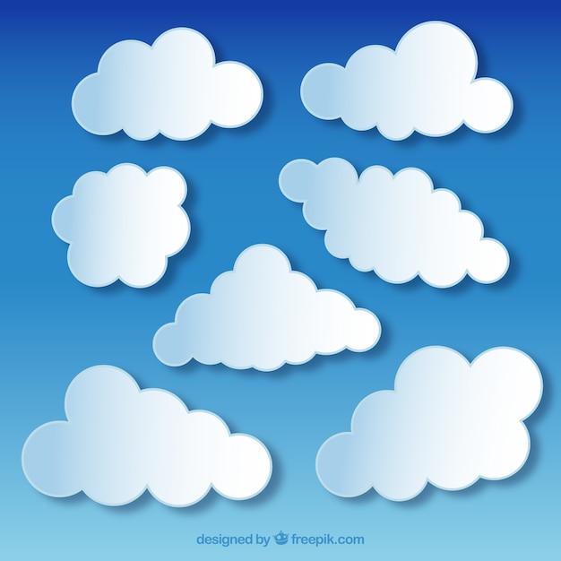 Gratis vector pluizige witte wolken op blauwe hemel achtergrond