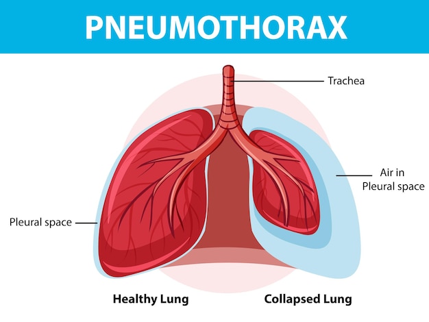 Pneumothoraxdiagram met ingeklapte long en gezonde long