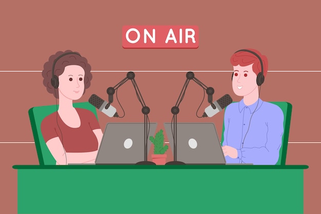 Podcast-concept. podcasting cartoon afbeelding. podcaster die in microfoon spreekt en audiopodcast of online show opneemt. radiopresentator zendt uit op de radio. platte vectorillustratie.