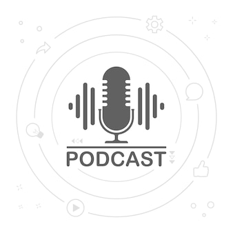 Podcast radio pictogram illustratie. studio tafelmicrofoon met uitzendtekst podcast. webcast audio record concept logo.
