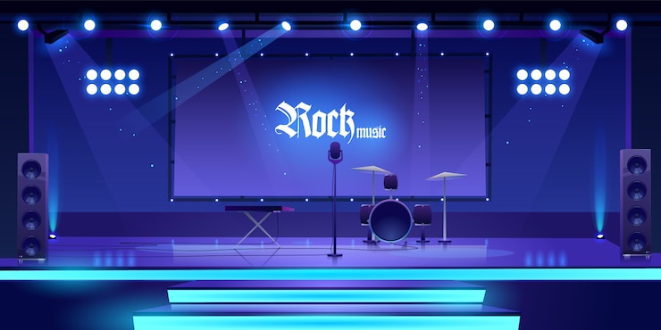 Gratis Vector podium met rockmuziekinstrumenten en apparatuur