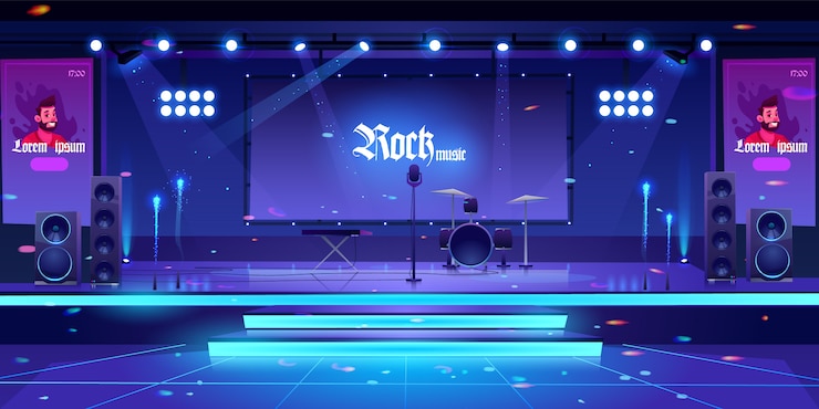Gratis Vector podium met rockmuziekinstrumenten en apparatuur