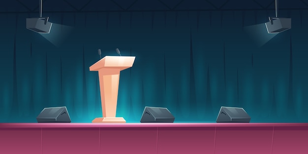 Gratis vector podium, tribune met microfoons op het podium voor spreker op conferentie, lezing of debat. cartoon illustratie van lege scène voor presentatie en openbare gebeurtenis met preekstoel en schijnwerpers