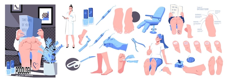 Gratis Vector podotherapie voetziekte platte samenstelling met set van geïsoleerde menselijke voeten beelden met medische hulpmiddel iconen vector illustratie