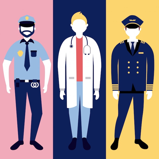 Gratis vector politie, arts en militar man karakter