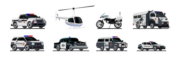 Gratis vector politie vervoer platte set van geïsoleerde beelden met speciale voertuigen bestelwagens auto's motorfiets en politiehelikopter vectorillustratie