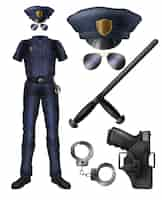 Gratis vector politieagent of bewaker uniform, wapen, accessoires cartoon set.