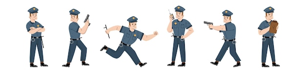 Politieagent politieagent of bewaker karakter in blauw uniform met pet stokje en handboeien platte vectorillustratie van man cop met walkie talkie gericht met pistool run en verkeerskaartje schrijven