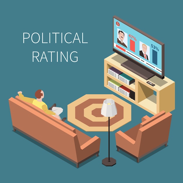 Politieke rating isometrische illustratie met man in interieur tv kijken met politieke concurrenten op het scherm