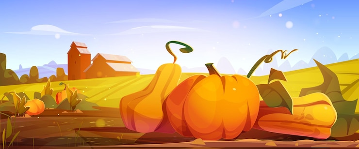 Gratis Vector pompoenveld met houten schuur
