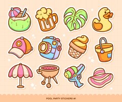 Pool party stickers doodle kleur vector collectie