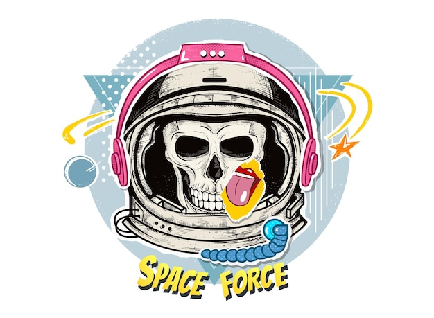 Gratis vector pop-art astronautenschedel in ruimtehelm en hoofdtelefoon