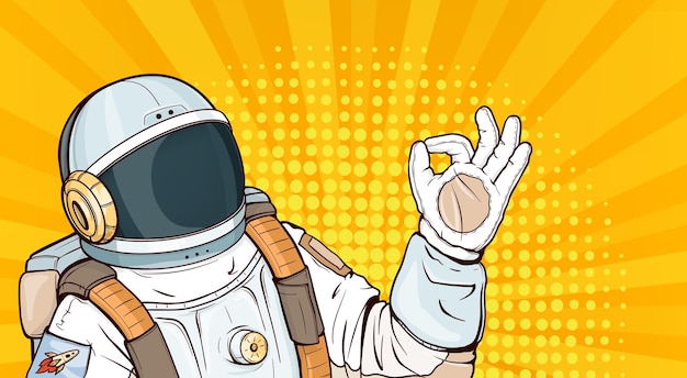 Gratis vector pop-artastronaut in ruimtepak die ok gebaar toont