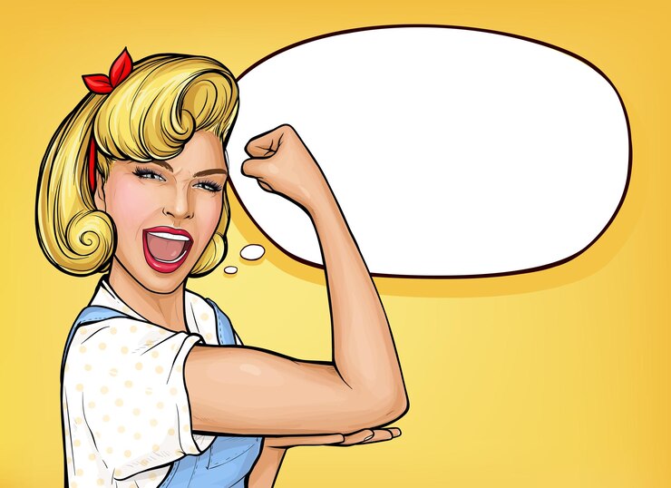 Popart zelfverzekerde vrouw schreeuwen en kracht demonstreren door haar mouw op te rollen en gebalde vuist Blond meisje met symbool van vrouwelijke macht vrouwenrechten feminisme protest We kunnen het doen poster