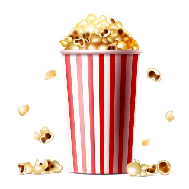 Popcorn emmer illustratie van 3D-realistische gestreepte beker met zoete of zoute popcorn snack