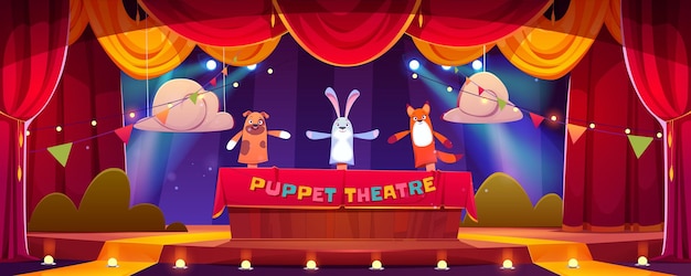 Gratis vector poppentheater kind show podium vector achtergrond kid theater met marionet en handspeelgoed grappige scène cartoon afbeelding konijn vos en konijn kinderachtig dier karakter prestaties entertainment