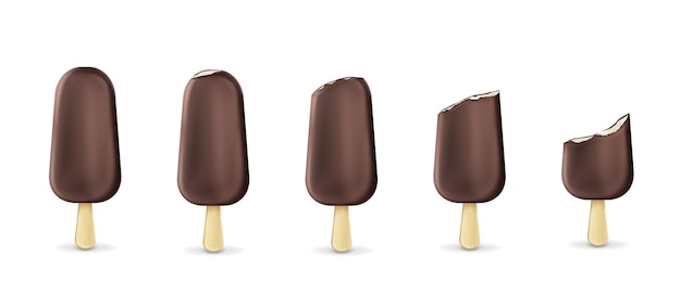 Popsicle-ijs op stokrij van geheel tot gebeten geïsoleerd op wit.