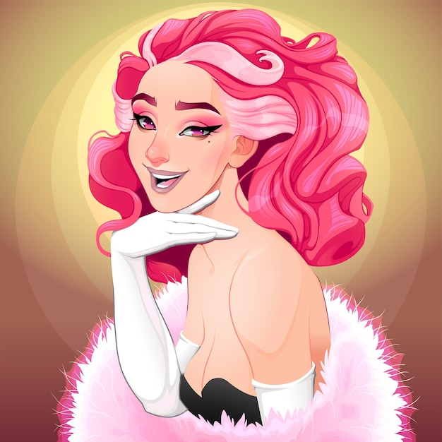 Gratis vector portret van een diva met roze haren.