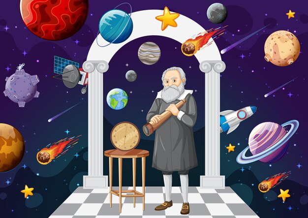 Portret van Galileo Galilei in cartoonstijl