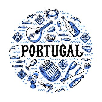 Portugal landmark illustratie ronde vorm ontwerp met portugal symbolen