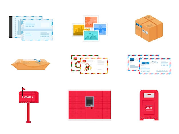 Gratis vector postbezorgservice objecten set pakket en pakket poststempel en enveloppen brief en postzegel postrek en brievenbus