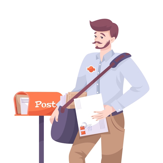 Postbode met zak met brief in de buurt van brievenbus plat