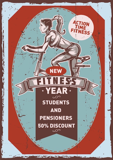 Gratis vector poster labelontwerp met illustratie van meisje op de hometrainer