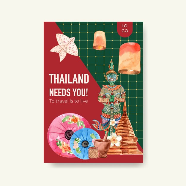 Poster sjabloon met reizen naar Thailand voor marketing in aquarel stijl