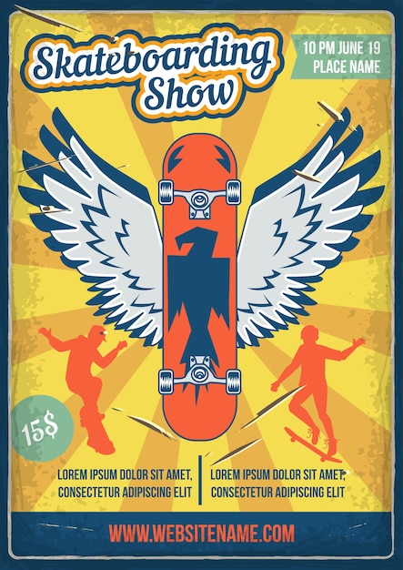 Posterontwerp met illustratie van een skateboard met vleugels en silhouetten van mensen met skateboards.