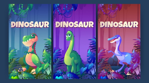 Posters met dinosaurussen in prehistorische jungle schattige baby diplodocus tyrannosaurus rex en velociraptor karakters vector banners met grappige roofvogel en herbivoor dino in bos