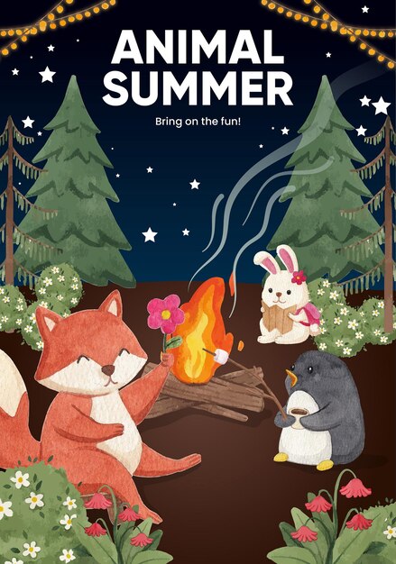Postersjabloon met dierencamping zomerconcept aquarelstijl