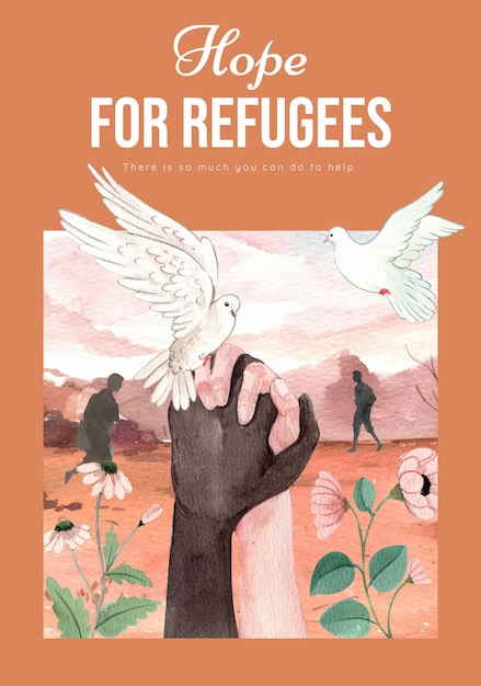 Postersjabloon met hoop vluchtelingen veilige conceptwaterverfstijl Gratis Vector