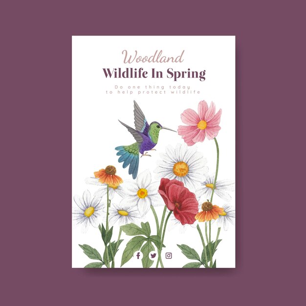 Postersjabloon met lente bos wildlife concept, aquarel stijl