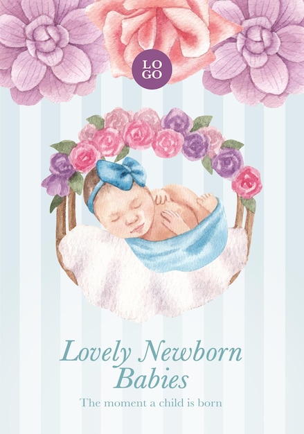 Postersjabloon met pasgeboren babyconcept, aquarelstijl