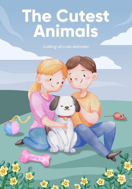 Postersjabloon met schattige hond en kat knuffelen concept aquarel stylexA