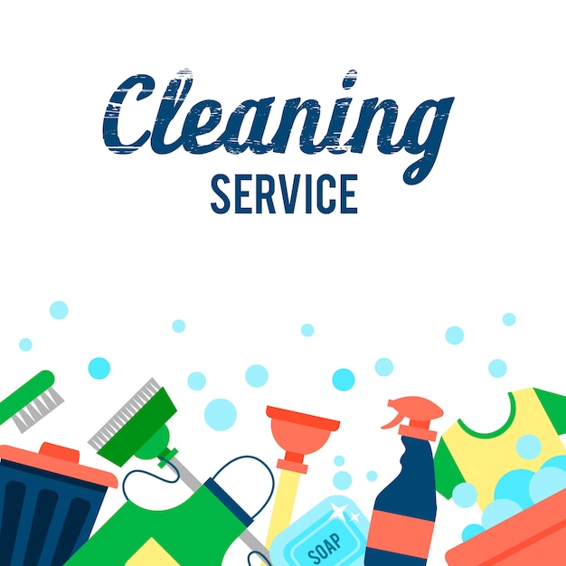 Gratis vector postersjabloon voor schoonmaakdiensten met verschillende schoonmaakartikelen