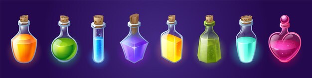 Potion flessen met magische elixer cartoon glazen kolven met kleurrijke gloeiende vloeistof en kurkhout pluggen Heks vergif gui of ui spel activa alchemist apotheker flesjes Vector illustratie pictogrammen instellen