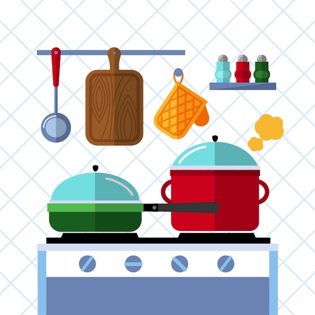 Gratis vector potten en pannen op een fornuis, keuken koken platte concept achtergrond.