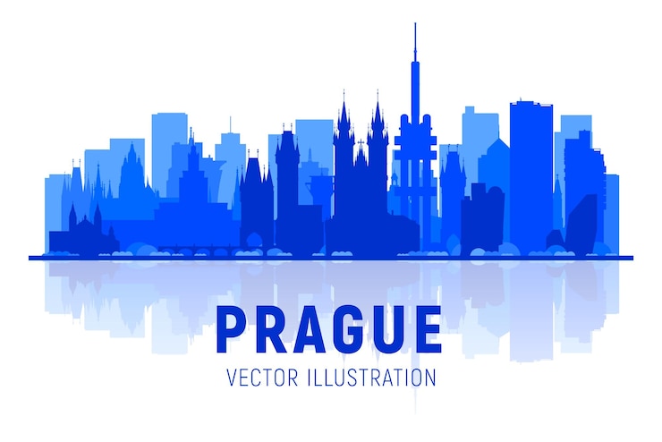 Gratis Vector praag tsjechië skyline silhouet met panorama op witte achtergrond vector illustratie zakelijke reizen en toerisme concept met moderne gebouwen afbeelding voor banner of website