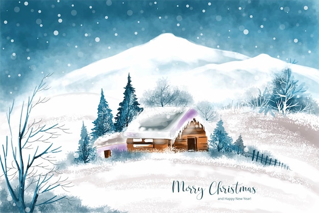 Gratis vector prachtig winterlandschap met huis op besneeuwde kerstkaartachtergrond