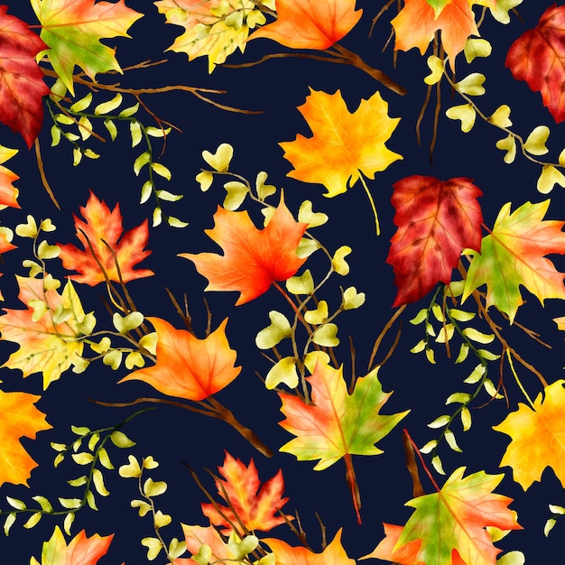 Gratis vector prachtige aquarel esdoorn bladeren bloemen naadloos patroon