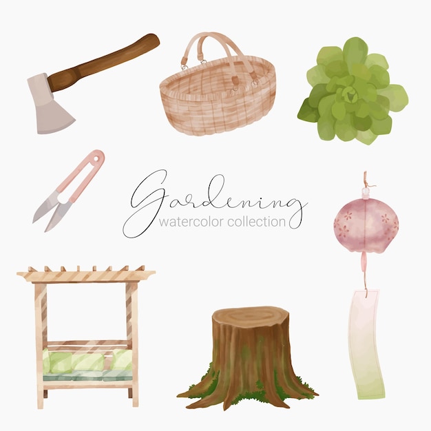 Gratis vector prachtige aquarel set tuingereedschap accessoires en planten