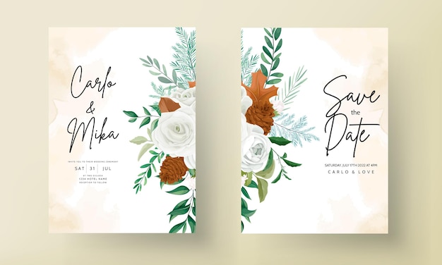 Prachtige bruiloft uitnodigingskaart set met groene bladeren, witte roos en dennenbloem