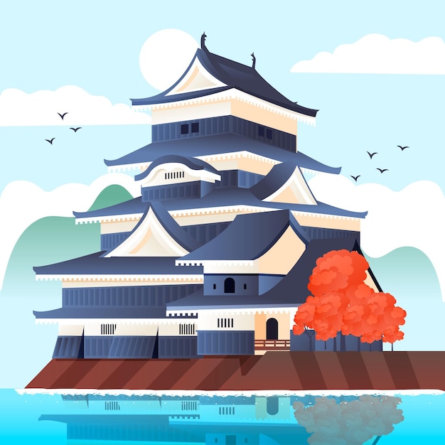 Gratis vector prachtige japanse tempel omgeven door water