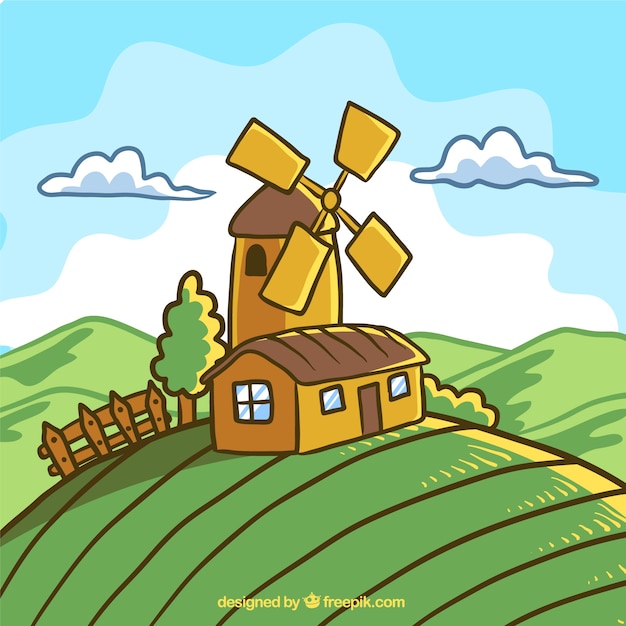 Gratis vector prachtige lente landschap met windmolen